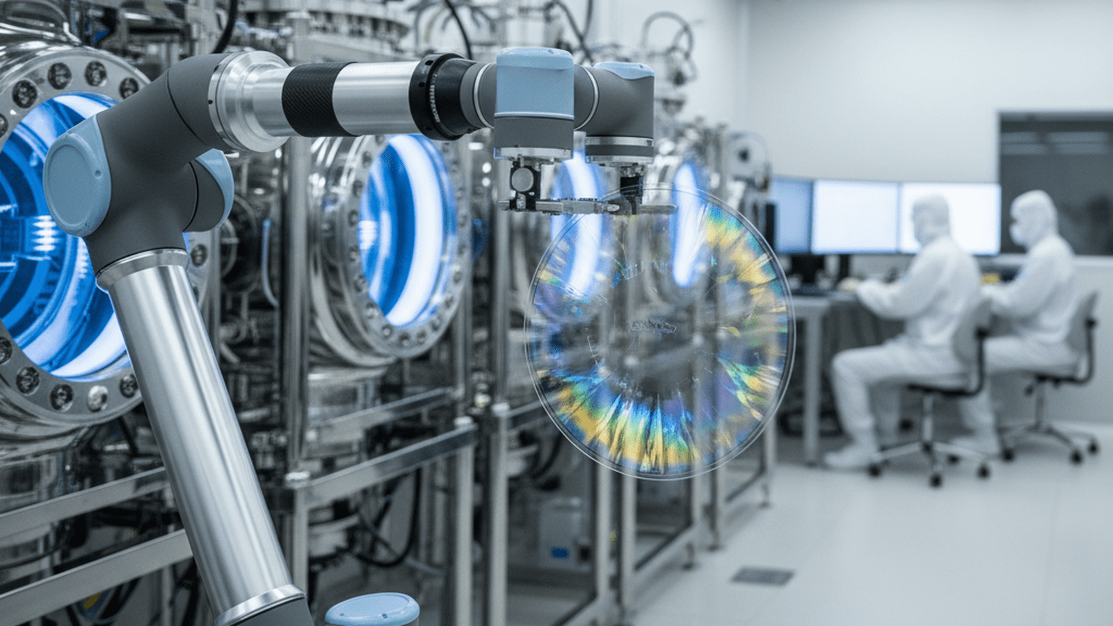 A 100mm single-crystal diamond wafer held by a robotic arm in a sterile semiconductor fabrication facility.