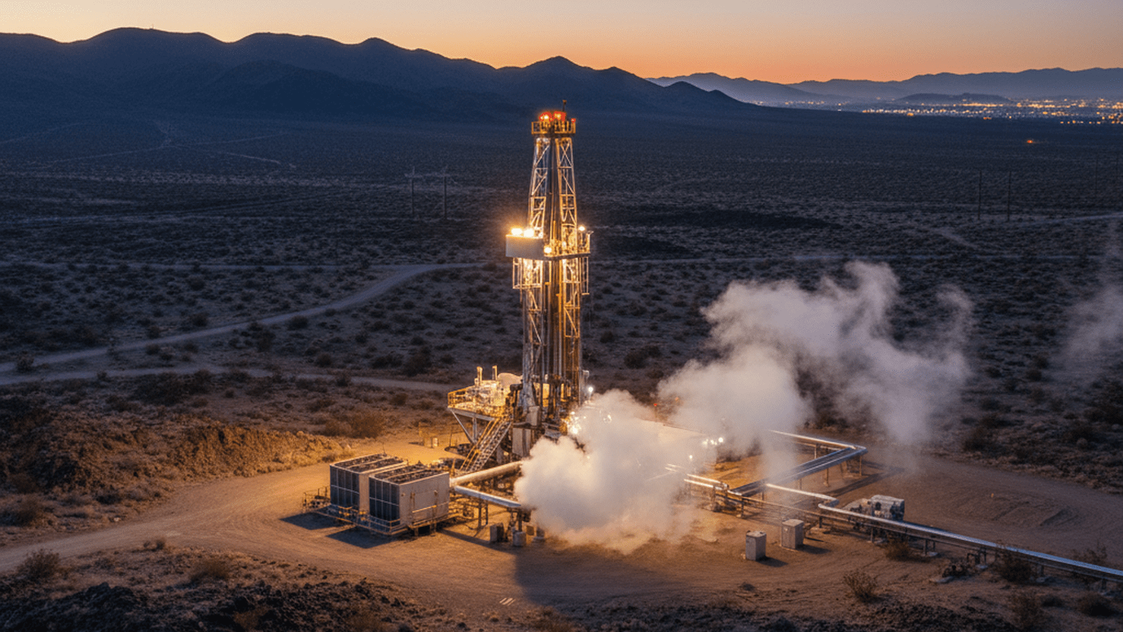 A geothermal drilling rig and infrastructure at a test site in the Nevada desert.