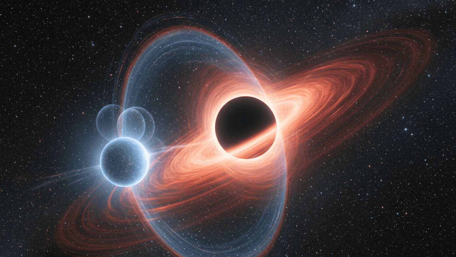 A digital rendering of a massive black hole and its companion star in the constellation Aquila.