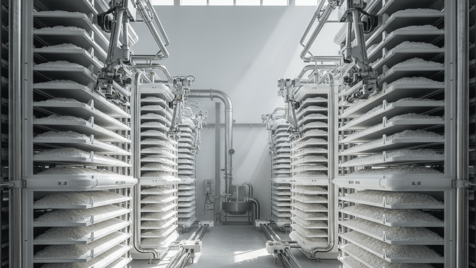 A large-scale industrial carbon capture facility featuring modular stacks of trays containing white mineral powder.