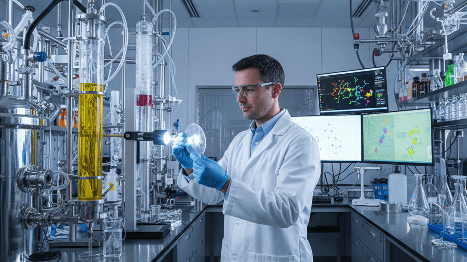 A scientist examines a sample of a new recyclable thermoset polymer in a modern research laboratory.