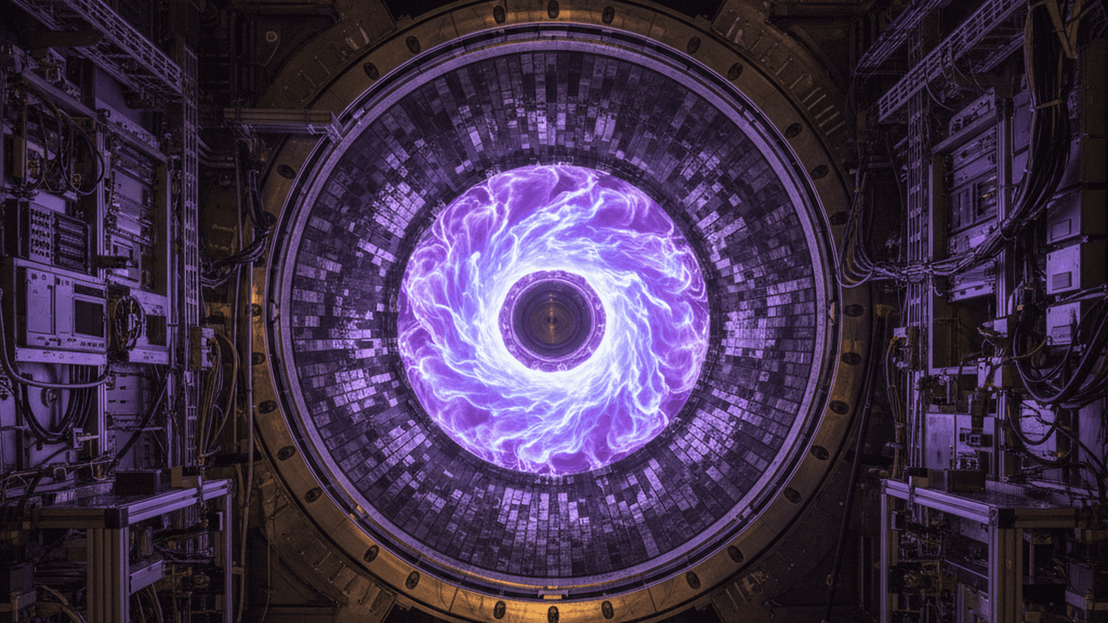 The interior of a tokamak fusion reactor showing a glowing purple plasma ring held by magnetic fields.