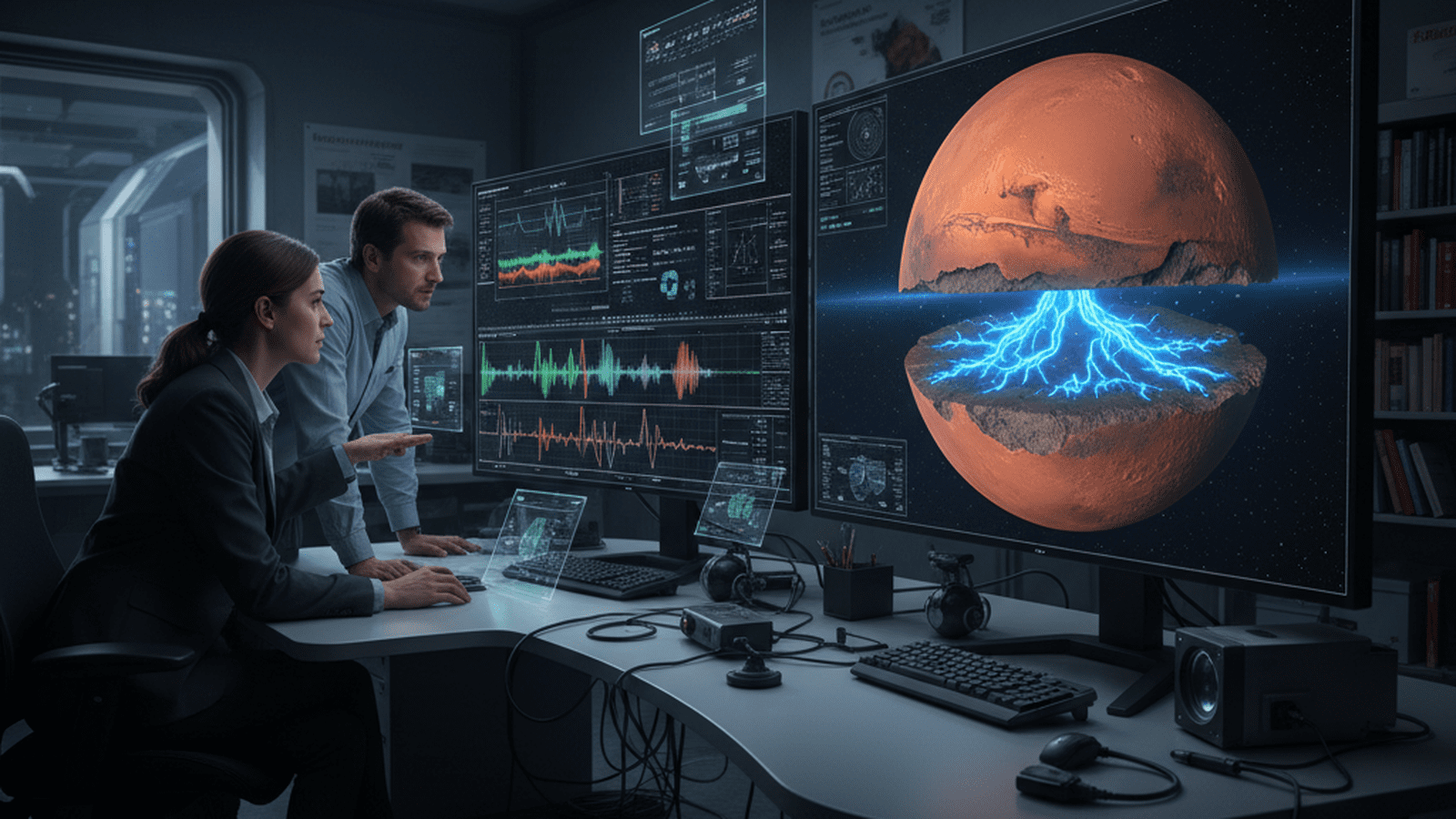 A laboratory display showing a 3D cross-section of Mars with blue highlights indicating subsurface water.