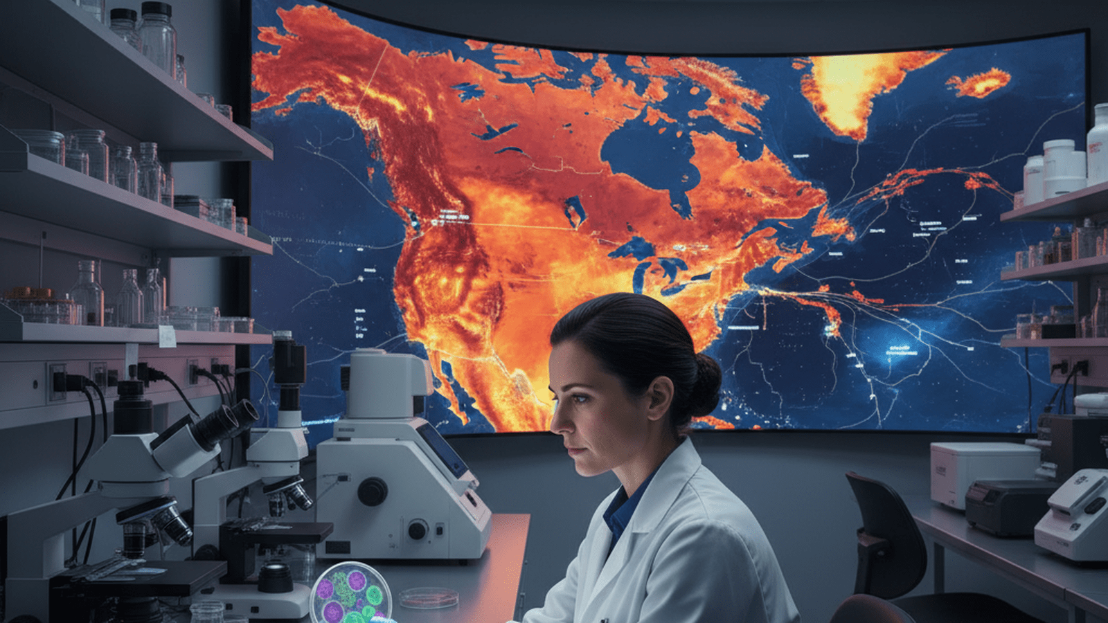 A scientist in a clinical lab analyzes bacterial samples next to a digital map showing warming ocean temperatures along the coast.