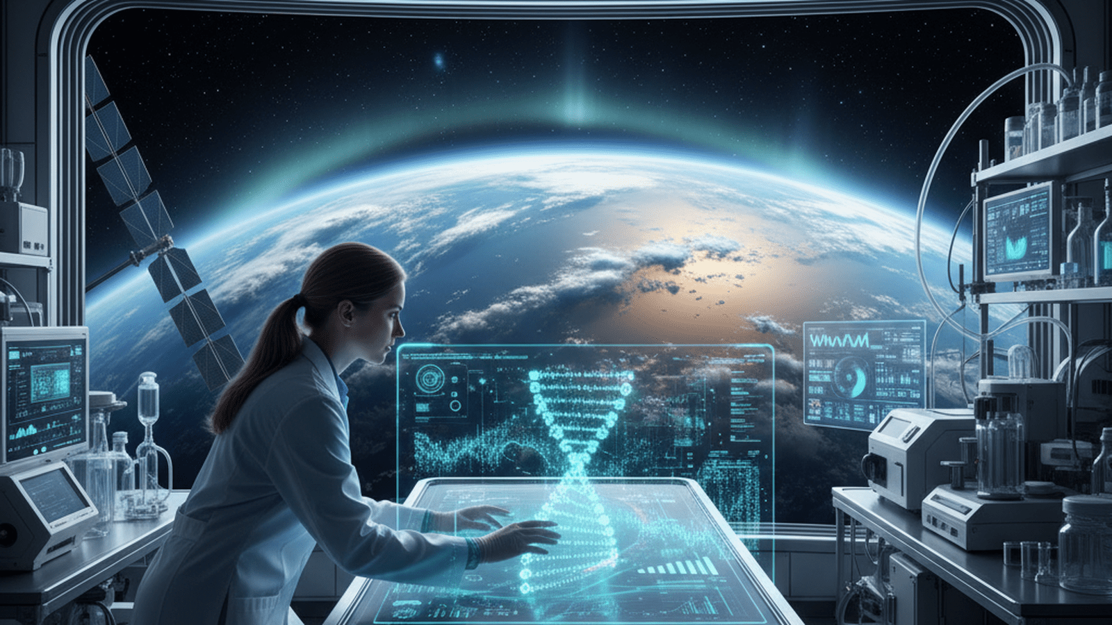 A scientist analyzes genetic data in a lab with a view of Earth from space in the background.