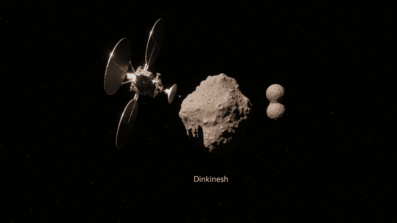 A spacecraft with circular solar arrays flies past a large asteroid and its smaller, two-lobed moonlet in deep space.