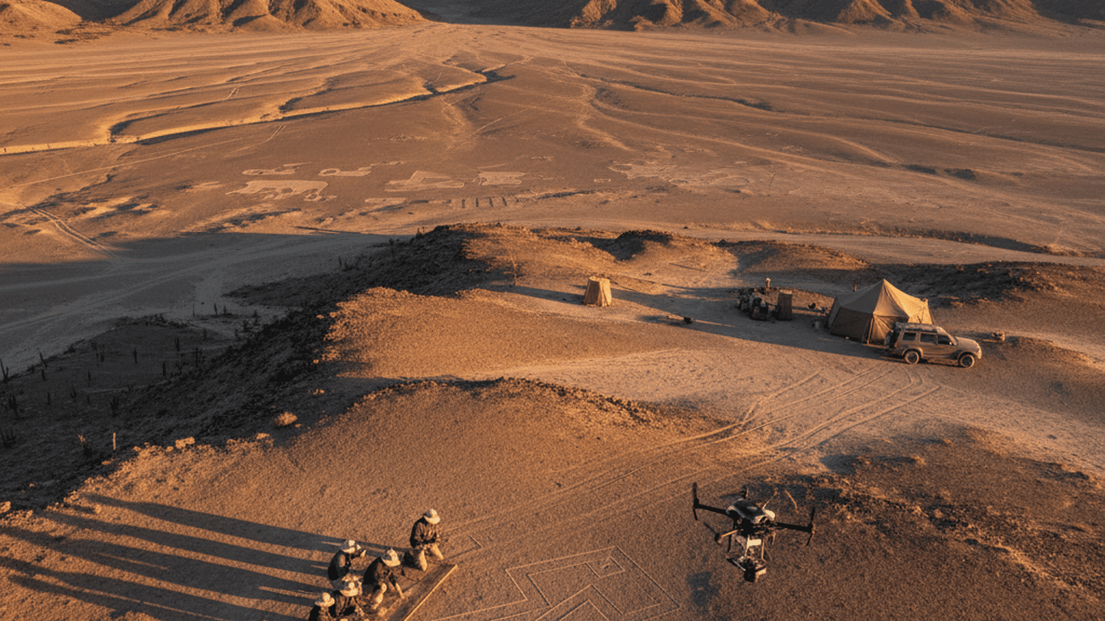 Archaeologists conduct a field survey of a newly discovered geoglyph in the Nazca Desert.