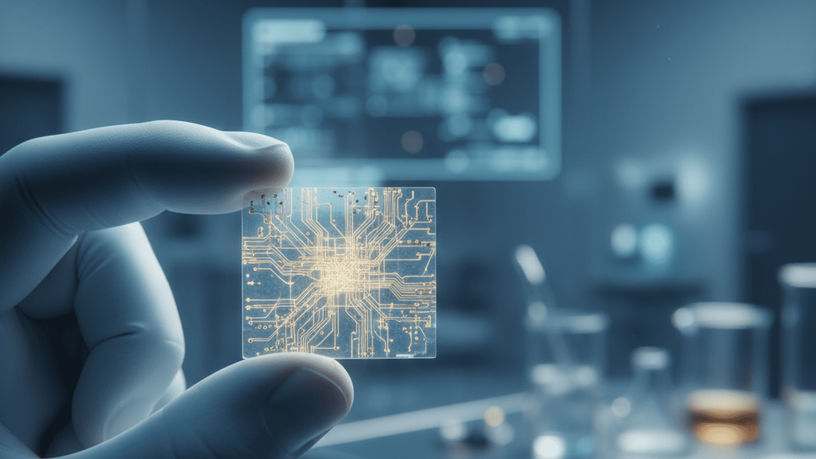 A tiny, flexible, and translucent electronic pacemaker circuit sits on a researcher's gloved finger.