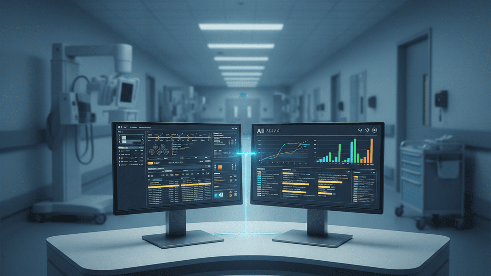 A digital interface displaying AI-driven clinical predictions alongside medical notes in a modern hospital setting.