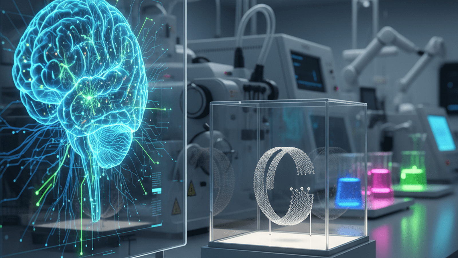 A digital display of a human brain next to a specialized neurovascular medical device in a modern laboratory.