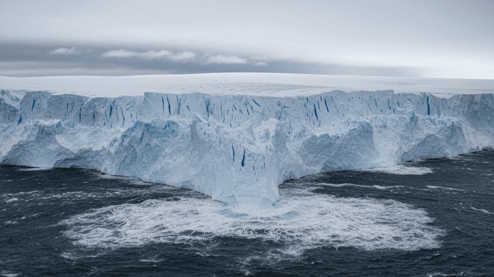A wide view of the Thwaites Glacier ice shelf meeting the Southern Ocean in Antarctica.