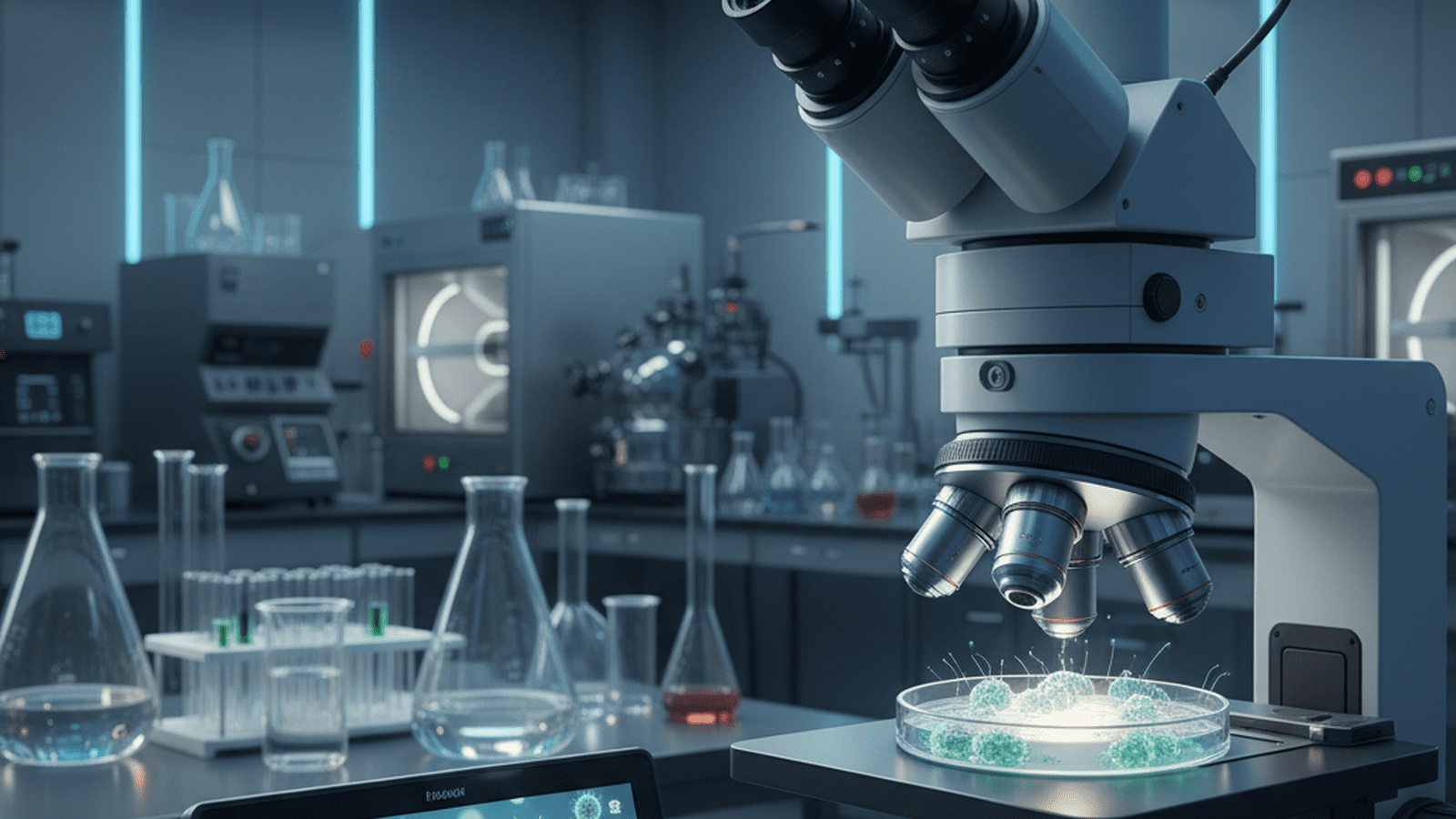 A microscopic view of multicellular Anthrobots displayed on a laboratory monitor.