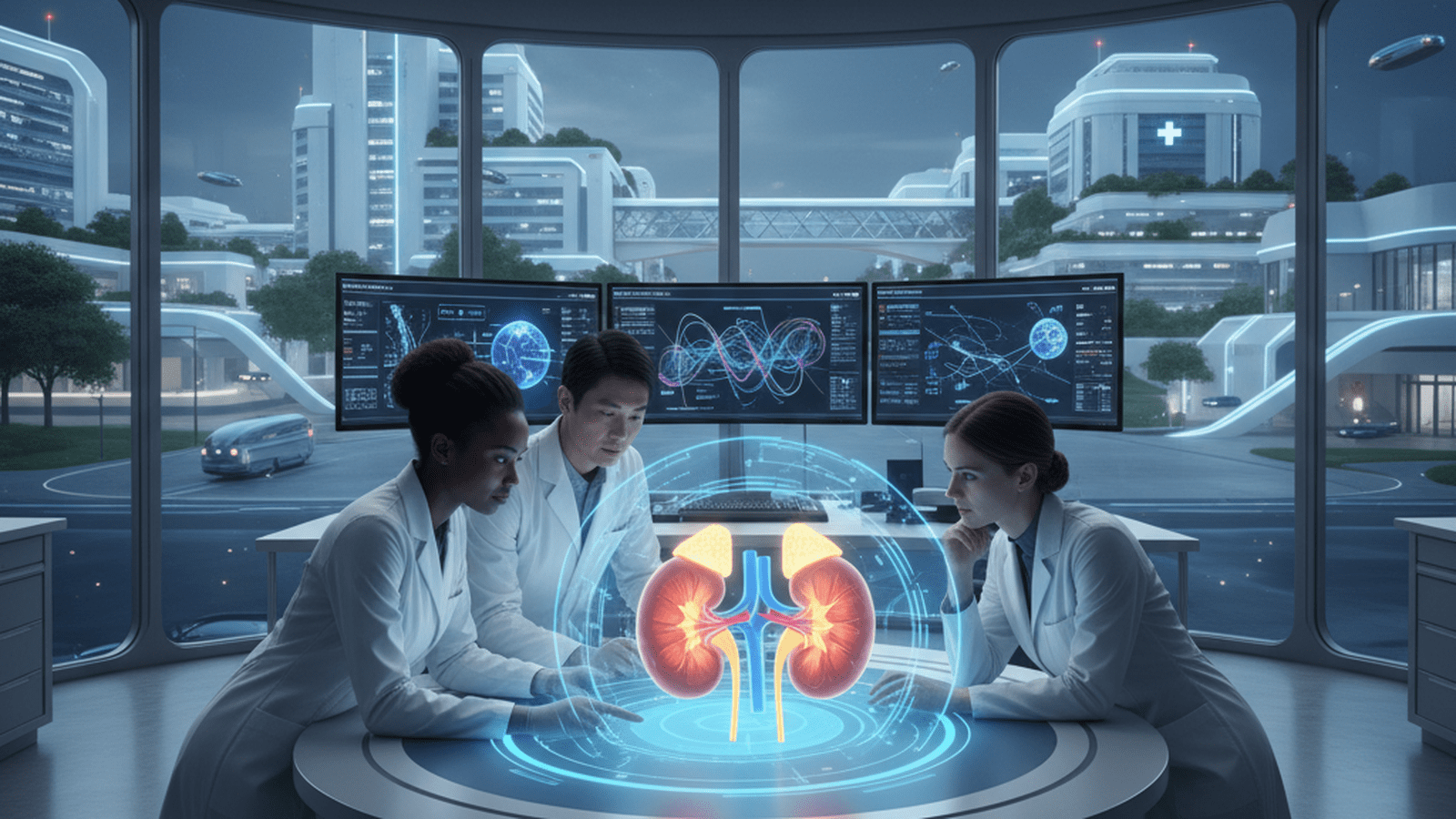 Scientists in a high-tech lab examine a 3D holographic model of a human kidney to study the effects of spaceflight.
