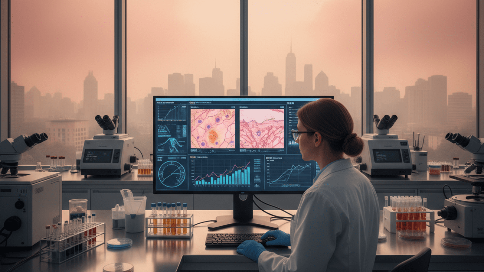 A scientist in a modern laboratory analyzes skin cell data while a hazy orange sky from wildfire smoke is visible through the window.