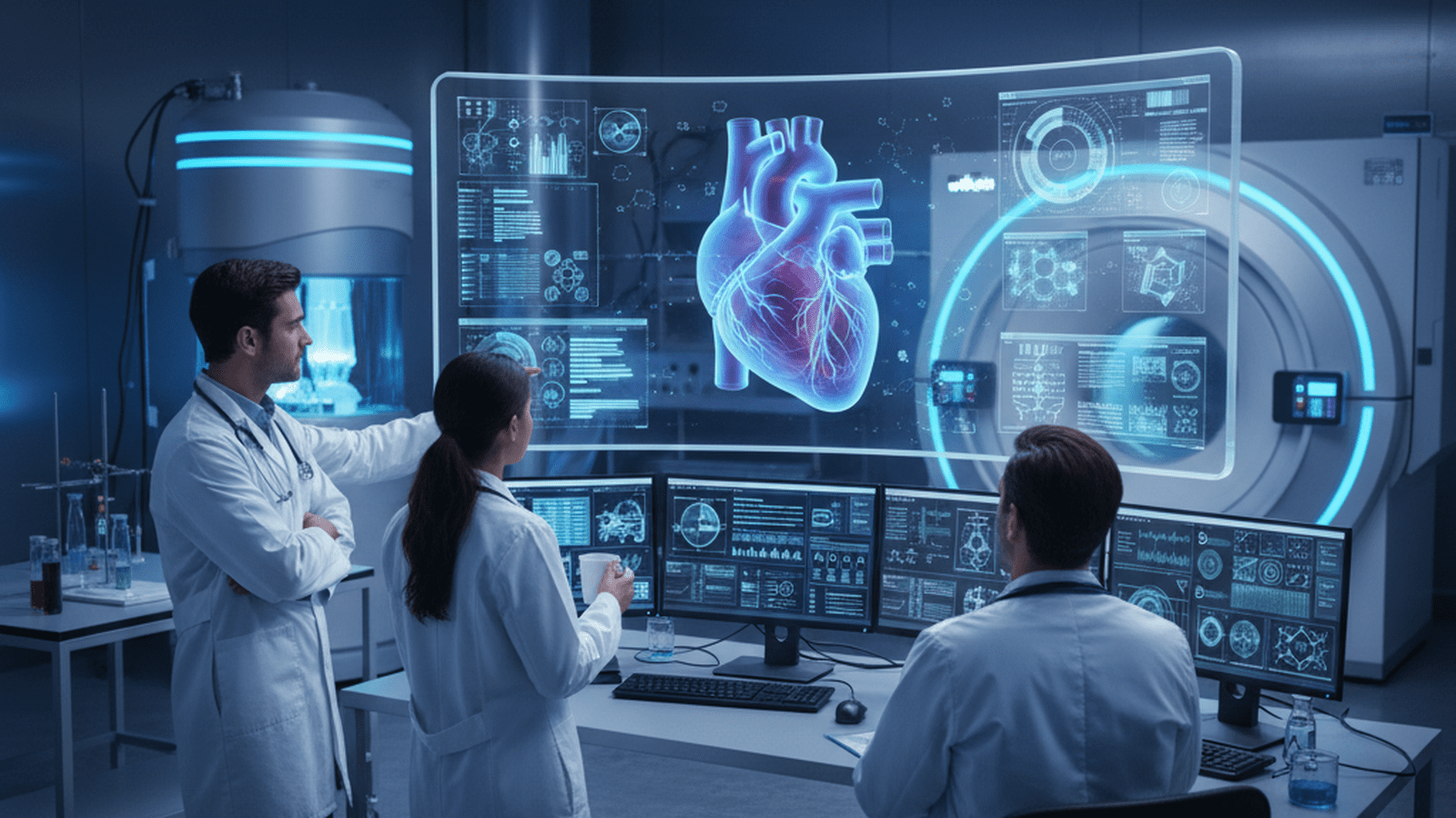 Medical researchers in a lab analyzing a 3D model of a human heart on a large digital display.