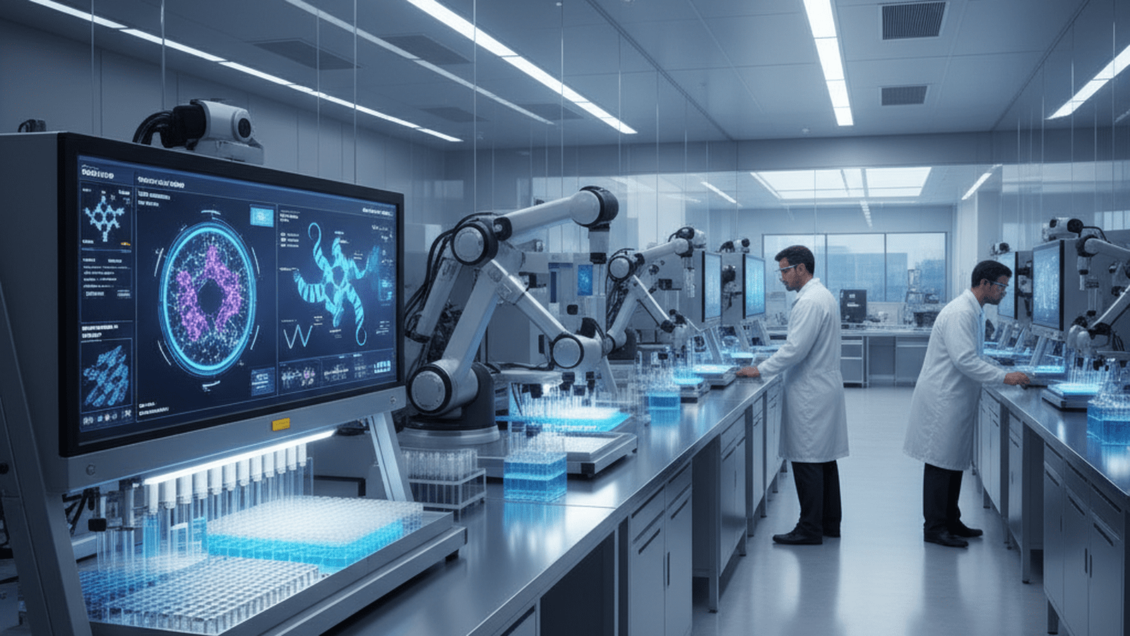 A modern pharmaceutical research lab with robotic equipment and scientists analyzing molecular data on screens.