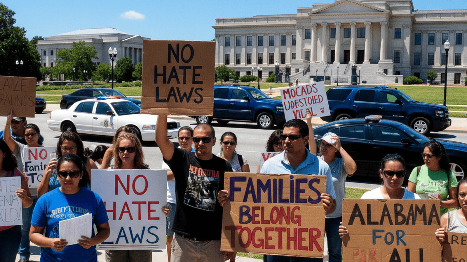 Protesters gather in front of the Alabama State Capitol in 2011 to demonstrate against the HB 56 immigration law.