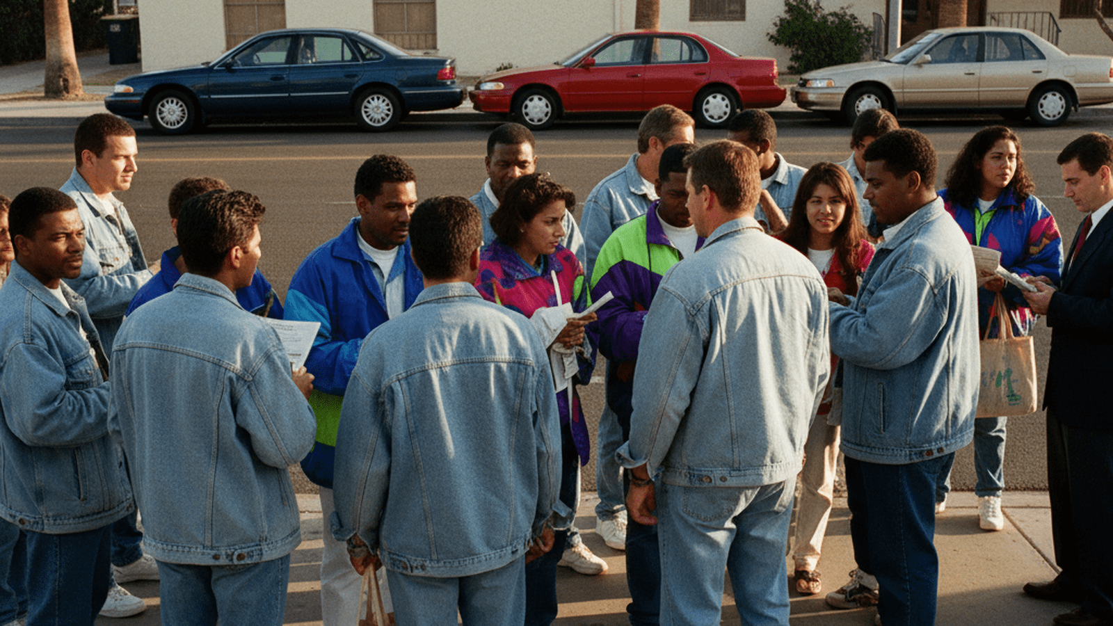A diverse group of people in 1990s attire standing near a Phoenix polling location during the 1992 election.