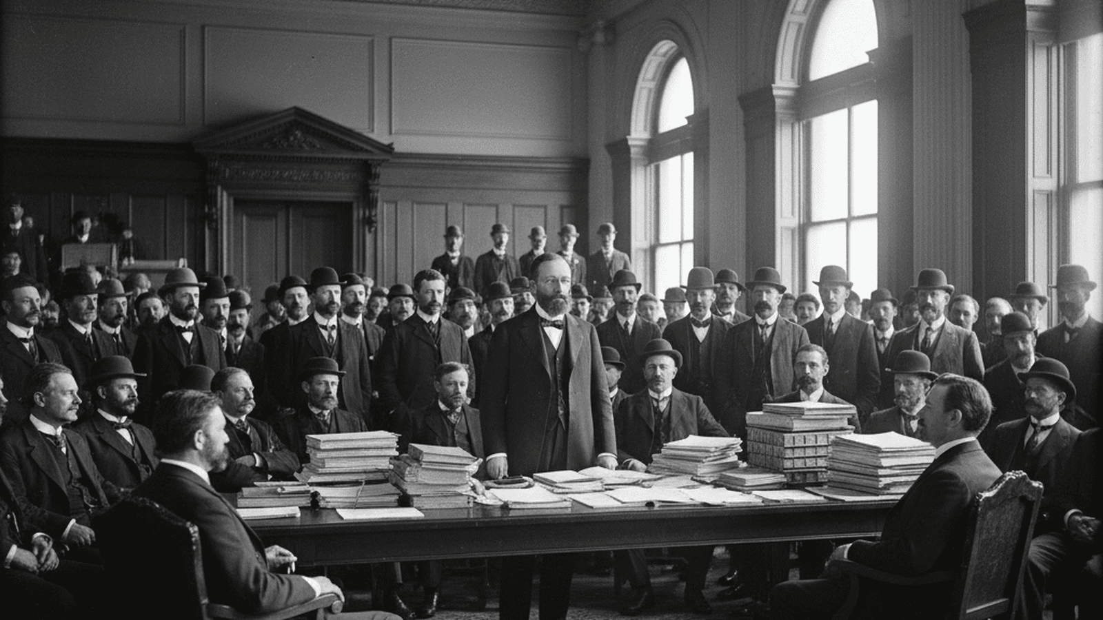 Charles Evans Hughes interrogates insurance executives during the 1905 Armstrong Committee hearings in a crowded New York legislative room.