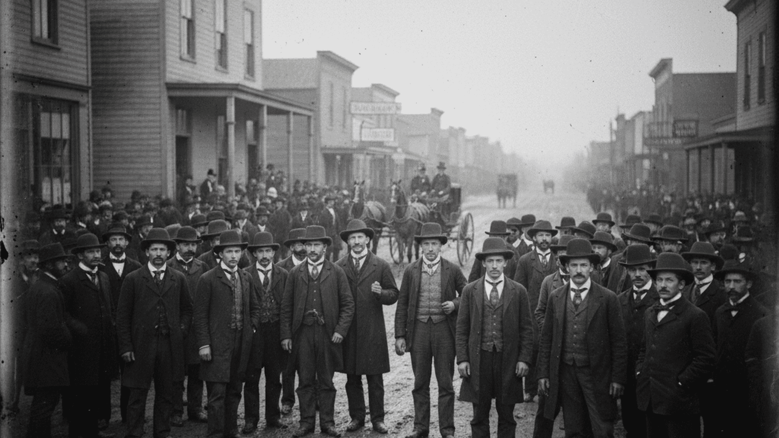 A group of men in 1850s attire gather on a muddy Sacramento street outside a wooden building.