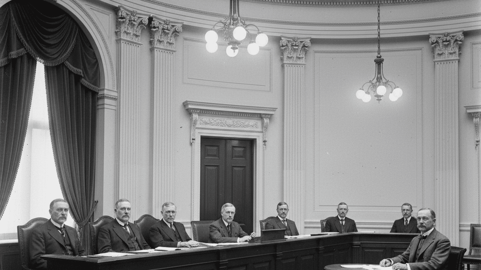 A black-and-white photograph of the 1912 Clapp Committee hearing in a neoclassical Senate room.