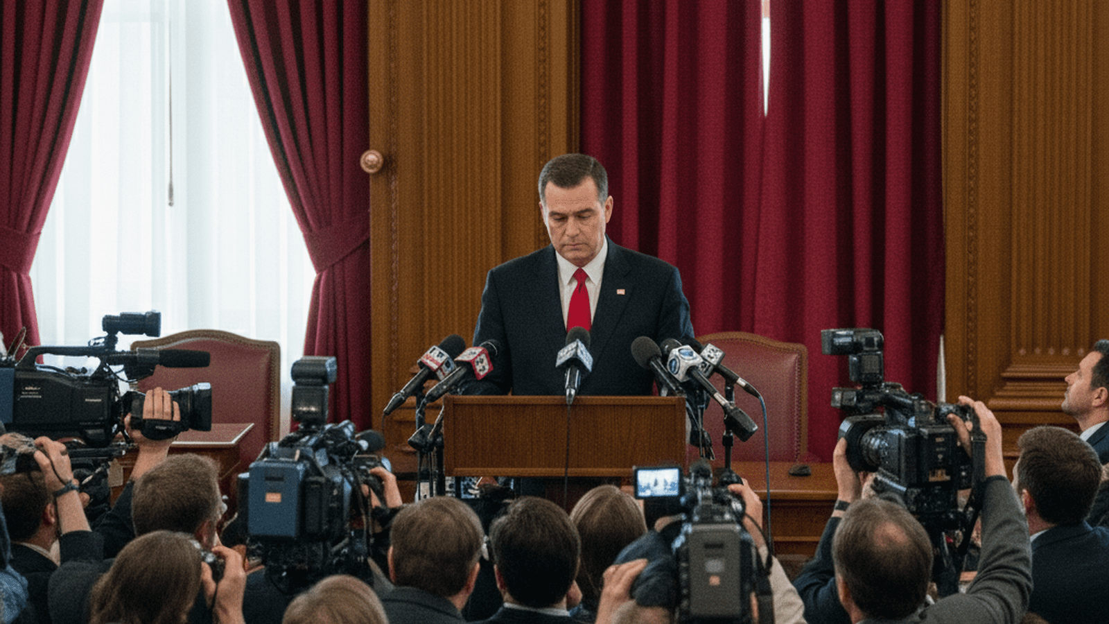 A man in a suit addresses a crowd of reporters at a podium in a formal government room in 2004.