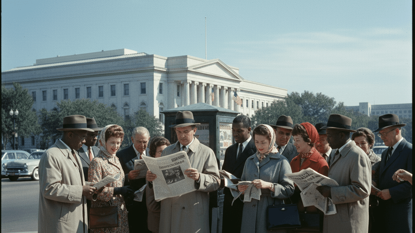 A group of people in 1960s clothing gather near a federal building in Washington, D.C., to read news about the 23rd Amendment.