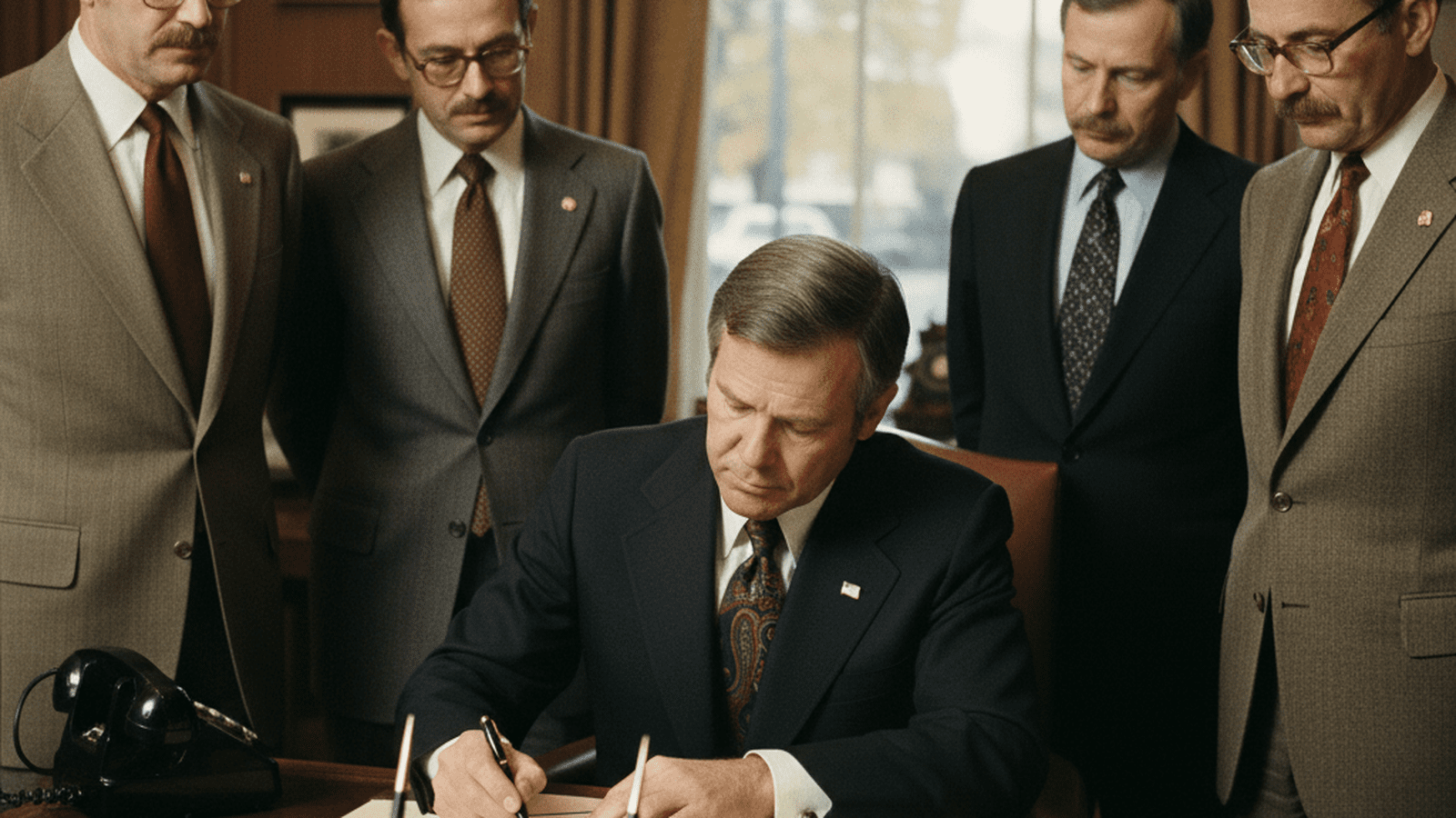 President Gerald Ford signs the 1974 Federal Election Campaign Act Amendments surrounded by legislators in a wood-paneled office.