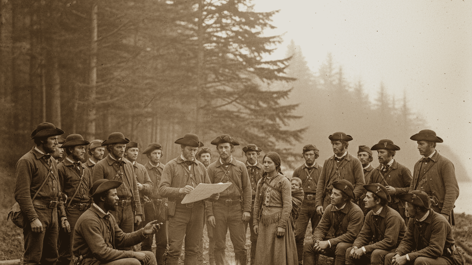 Members of the Lewis and Clark expedition, including York and Sacagawea, gather for a meeting in the Pacific Northwest wilderness in 1805.