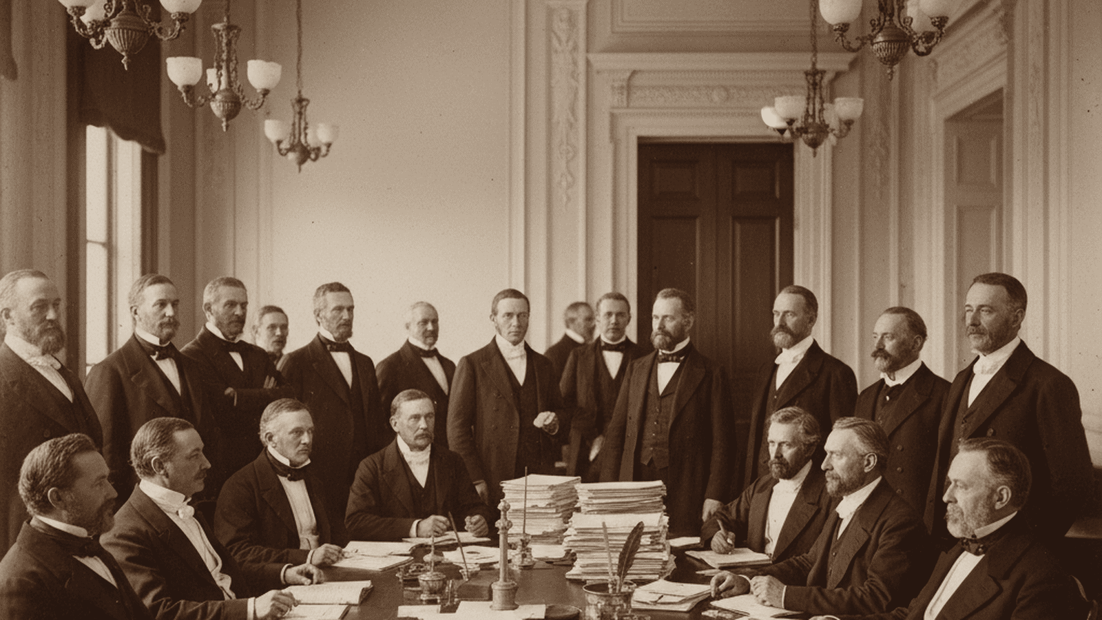 A group of 19th-century men in formal attire gathered around a table piled with documents during a congressional hearing.