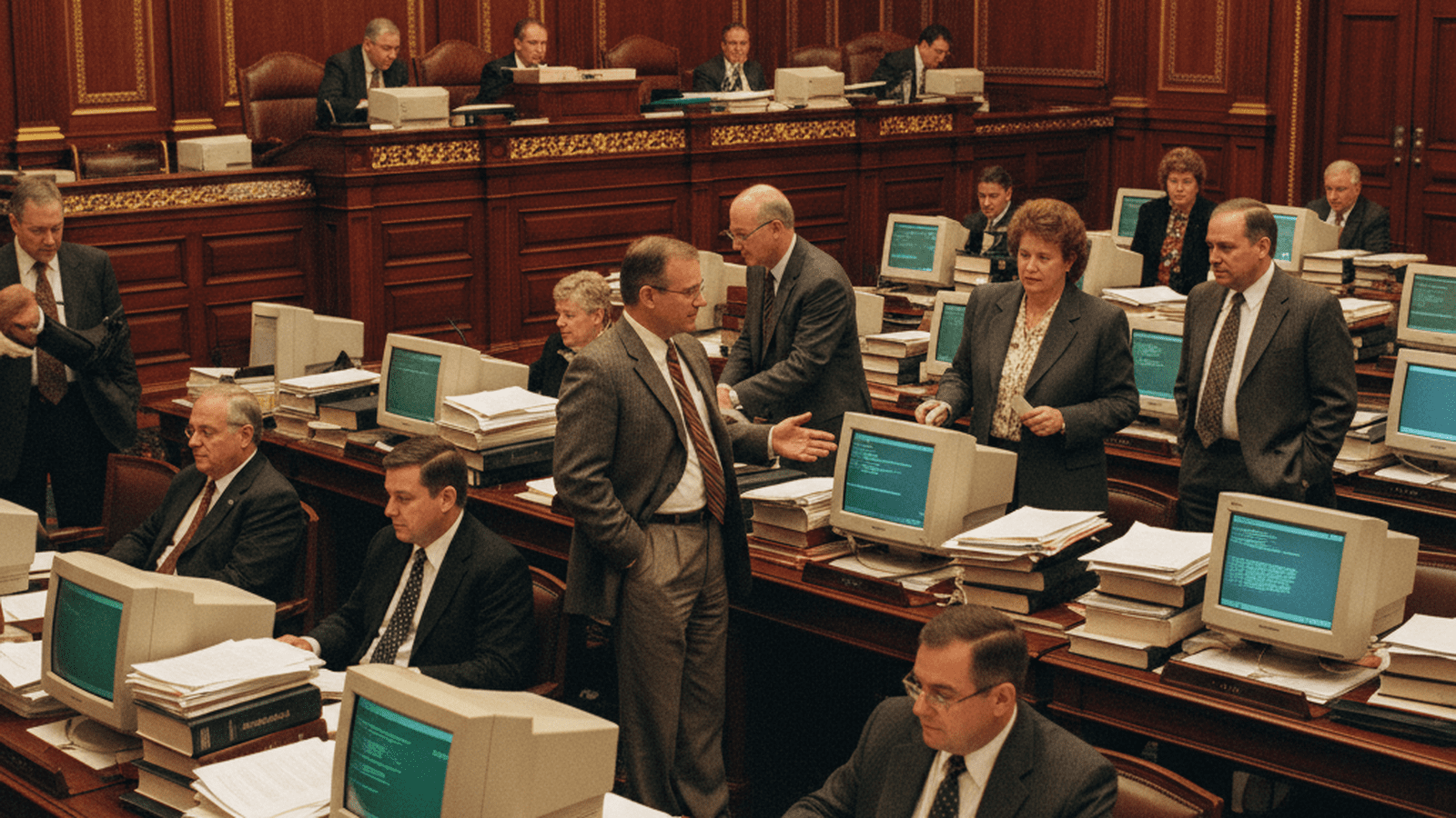 A wide shot of the Georgia State Senate chamber in 2002 showing legislators at their desks during a session.