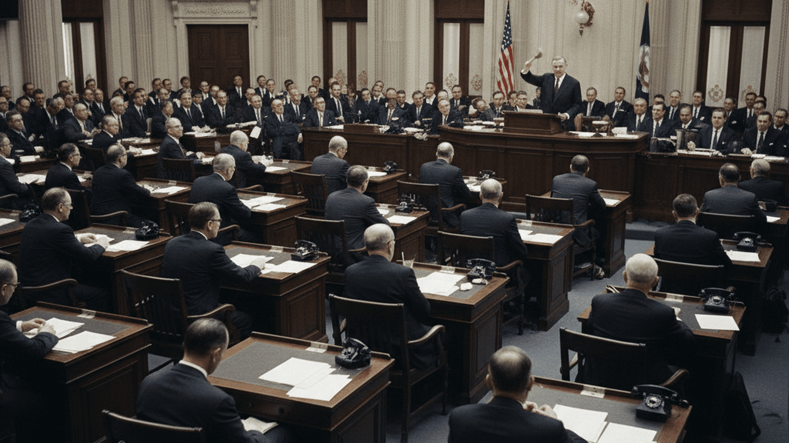 A black-and-white photograph of the U.S. House of Representatives chamber during a high-stakes vote in 1961.