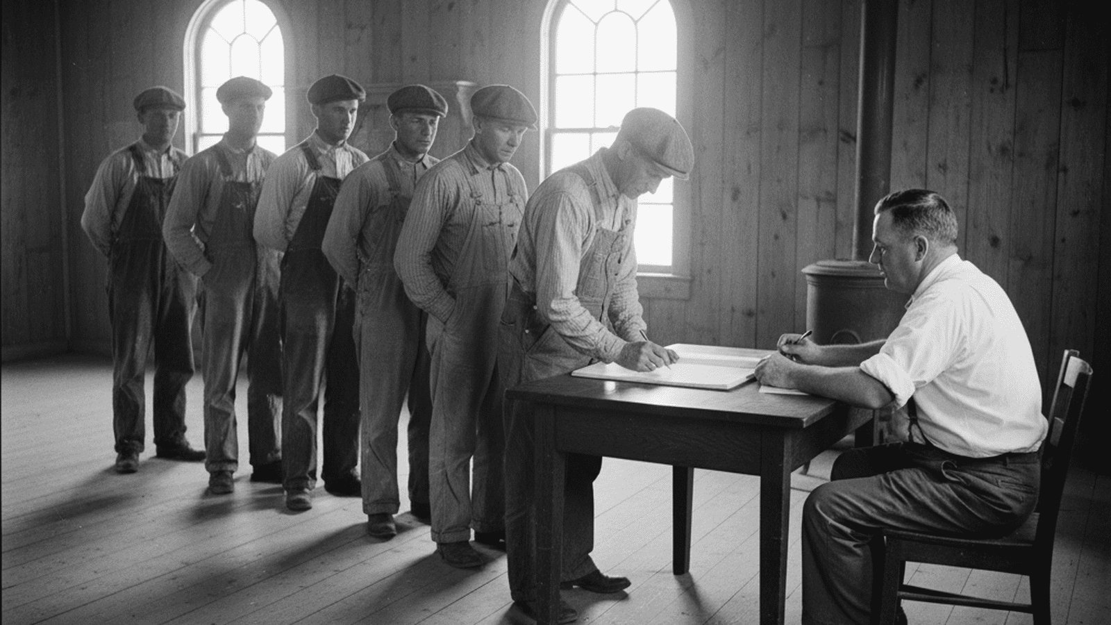 A monochrome 1934 photograph of Kansas voters lining up at a wooden table in a rural hall to register their party affiliation.