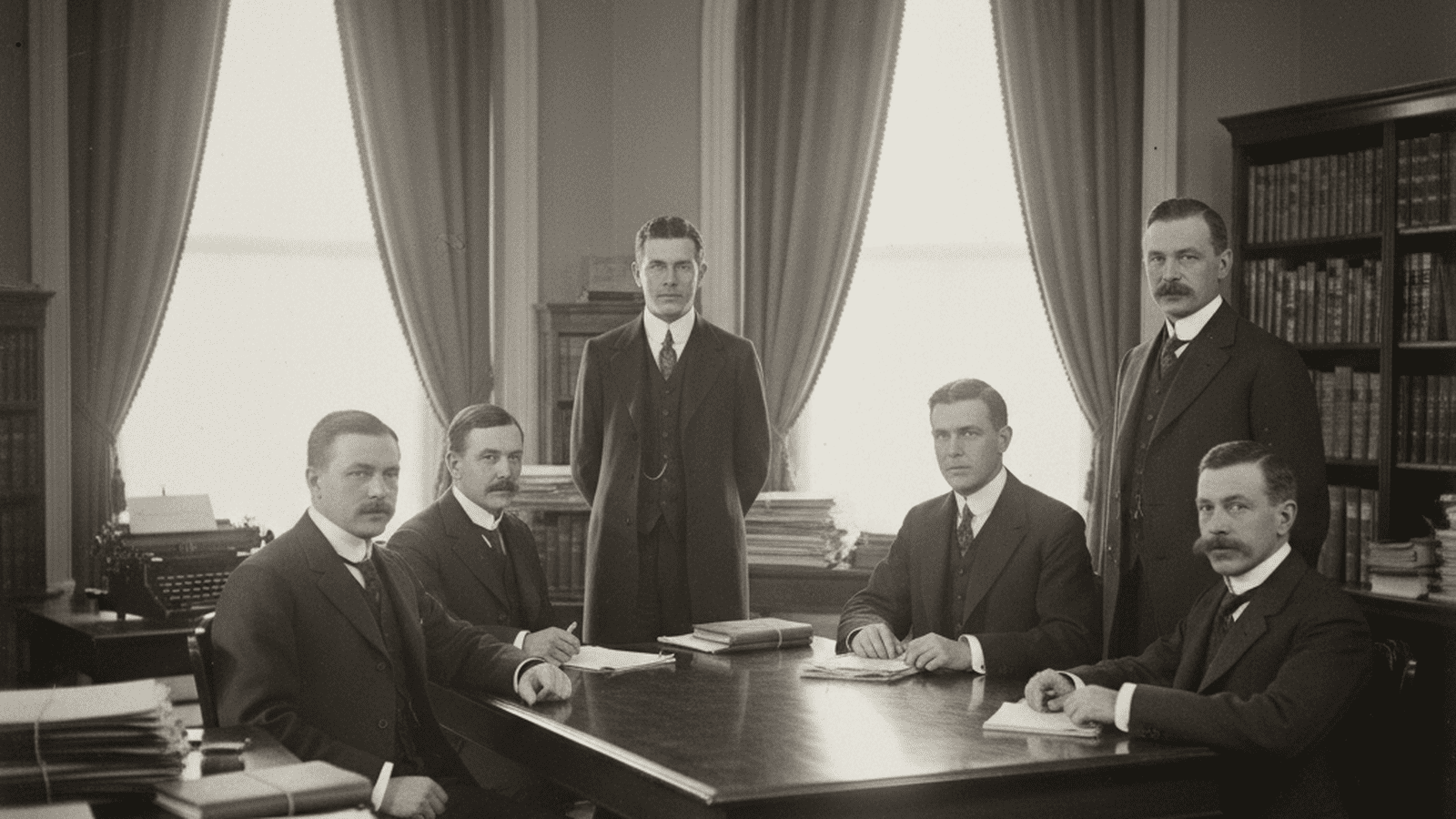 Five men in early 20th-century formal attire sit in a wood-paneled office discussing government reform in 1905.