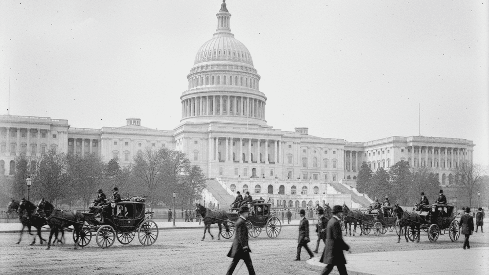 A black-and-white 1890 photograph of the U.S. Capitol with horse-drawn carriages in the foreground.