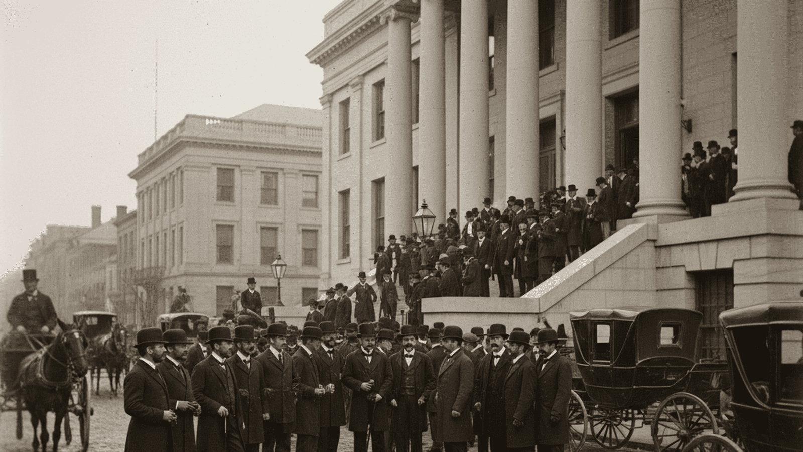 A sepia-toned 1892 photograph of men in formal Gilded Age clothing gathered outside a classical government building in New Orleans.