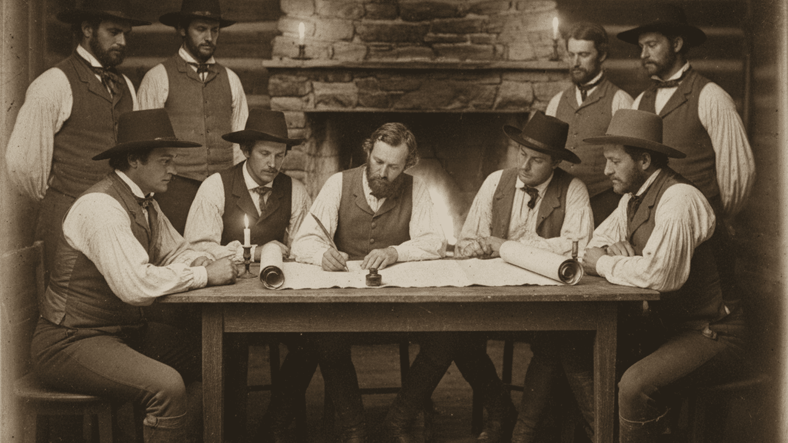 A group of 19th-century settlers in a log cabin signing a formal parchment document by candlelight.