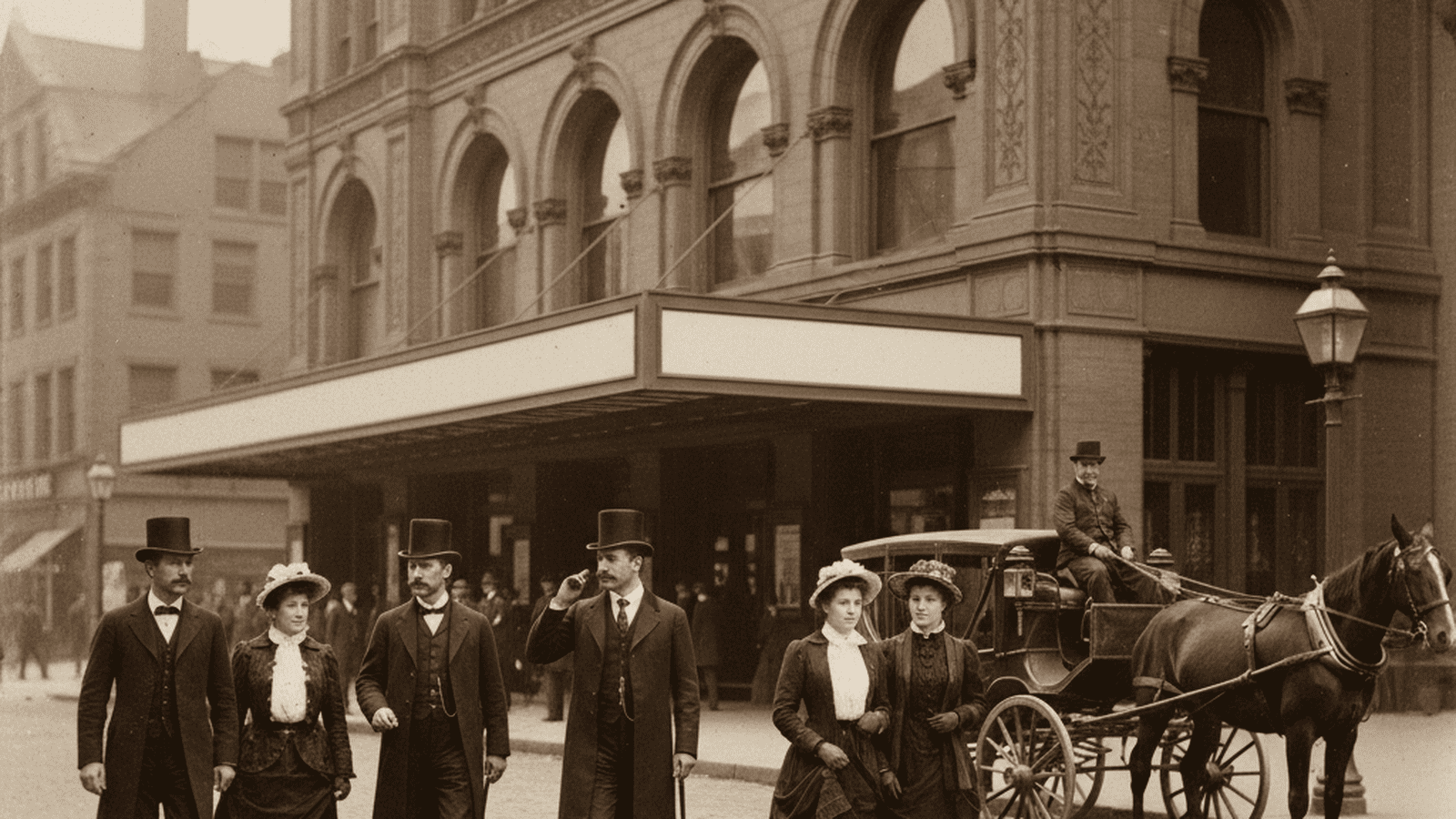 A sepia-toned photograph of a busy Boston street in 1885 featuring Victorian architecture and period-accurate clothing.