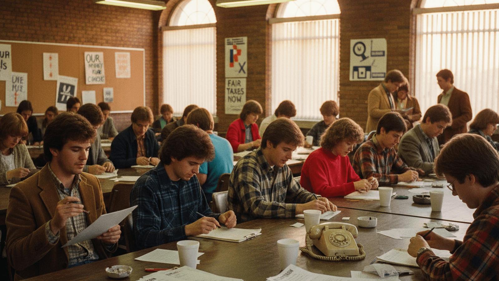 A group of people in 1980s clothing gather around a table with stacks of paper petitions during the 1983 Michigan tax revolt.