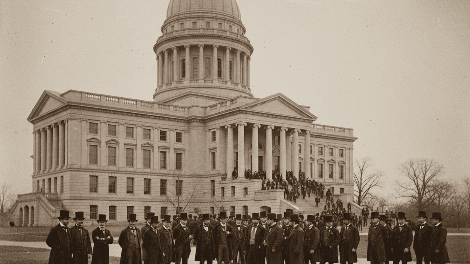 A sepia-toned historical depiction of the Mississippi State Capitol in 1841 with men in frock coats gathered outside.