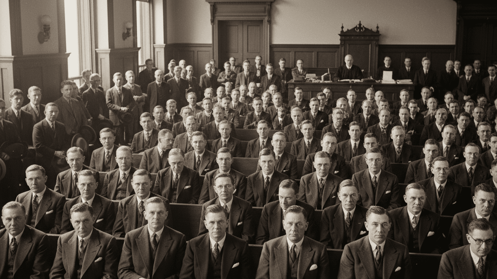 A black-and-white photograph of a packed 1930s courtroom during a federal trial in Missouri.