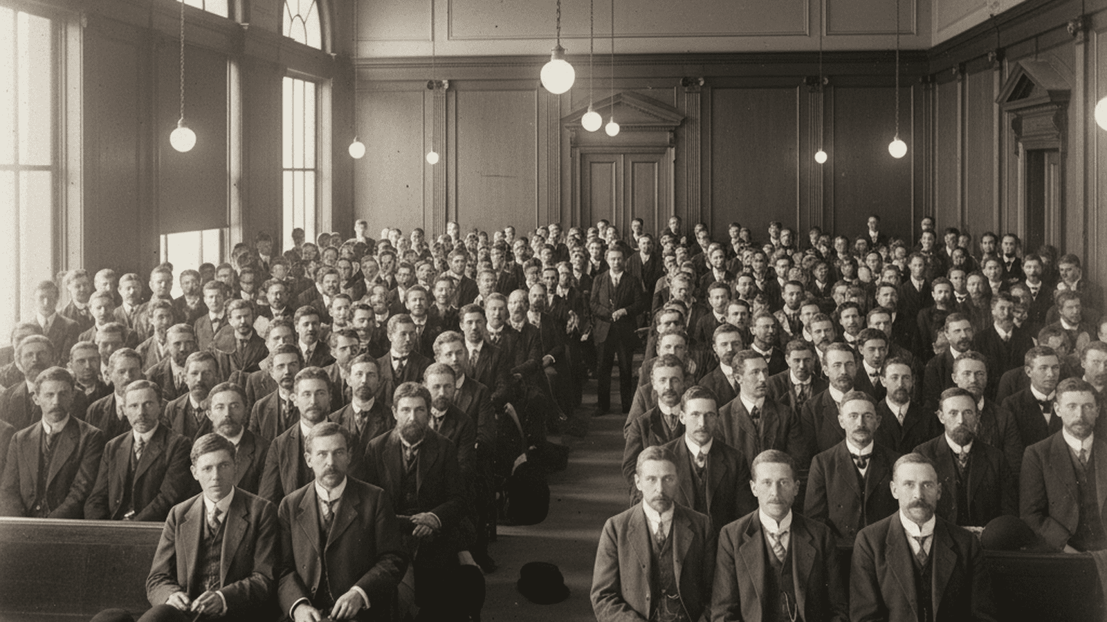 A crowded 1908 courtroom in San Francisco during the corruption trials of political boss Abe Ruef.