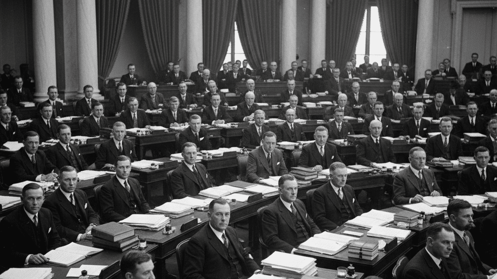 history-south-dakota-new-deal-realignment-1934-24c27ca6 A black-and-white 1934 photograph of the South Dakota House of Representatives during a legislative session.