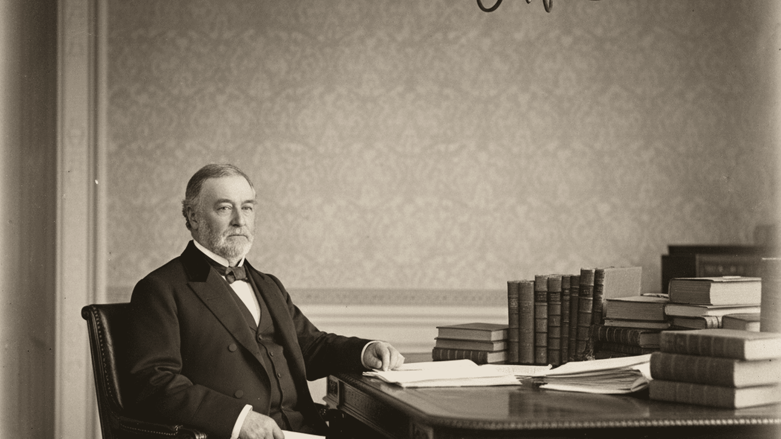 President Grover Cleveland sits at a mahogany desk in a Victorian-era White House office, representing the era of the 1887 Tenure of Office Act repeal.