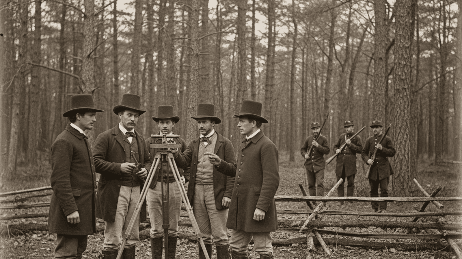 A group of 1830s surveyors and militia members stand near a wooden fence in a wooded clearing during the Toledo War boundary dispute.