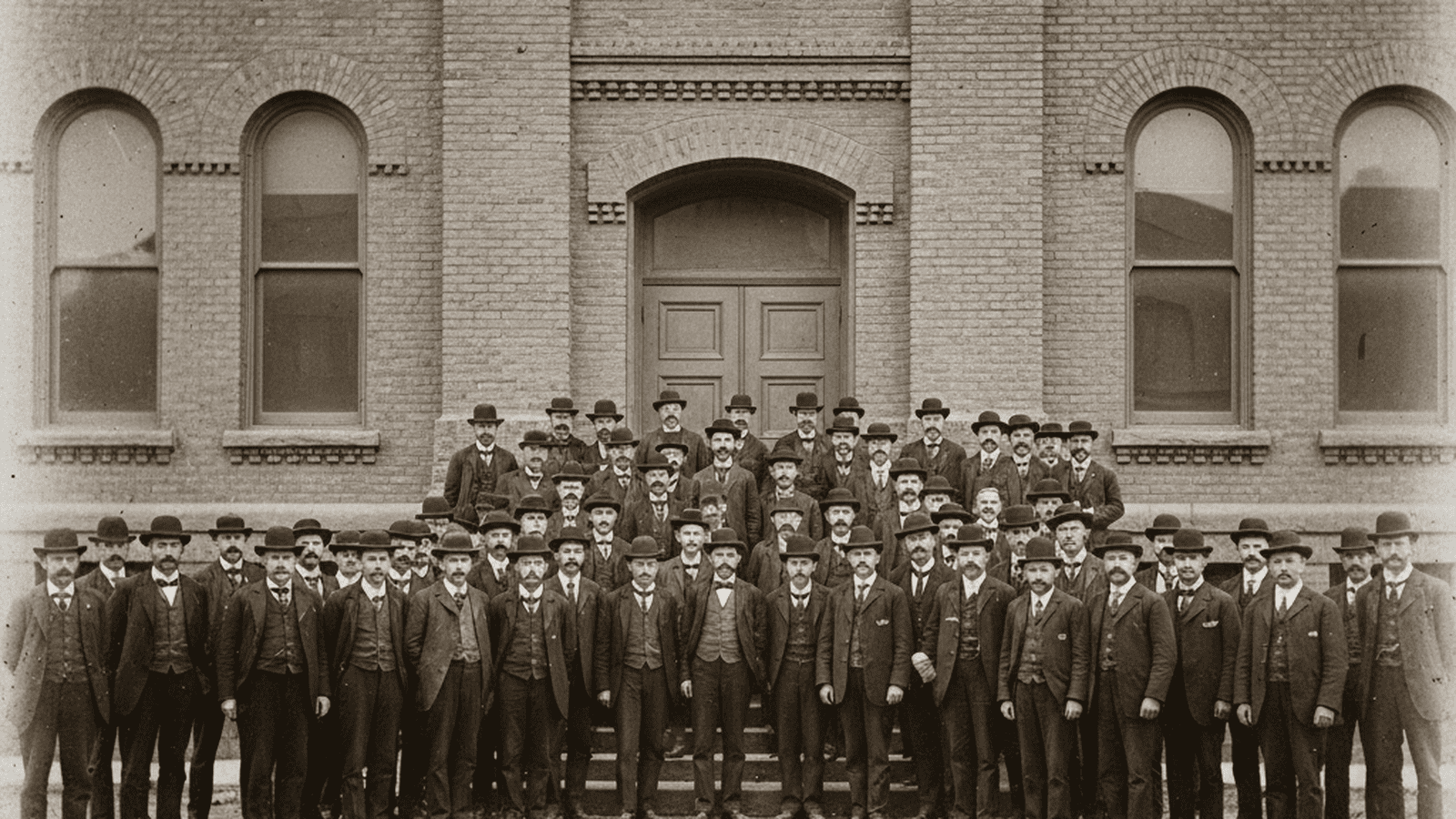 A group of men in 19th-century attire gather outside a brick building in Salt Lake City during the 1891 political realignment.