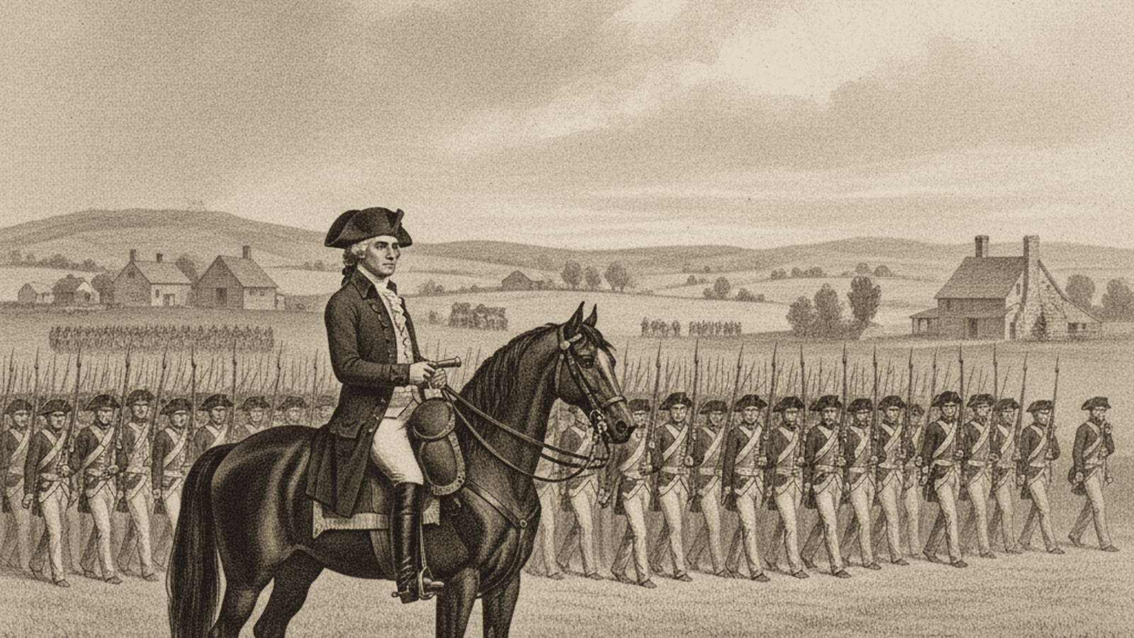 President George Washington reviews militia troops in a field during the 1794 Whiskey Rebellion.