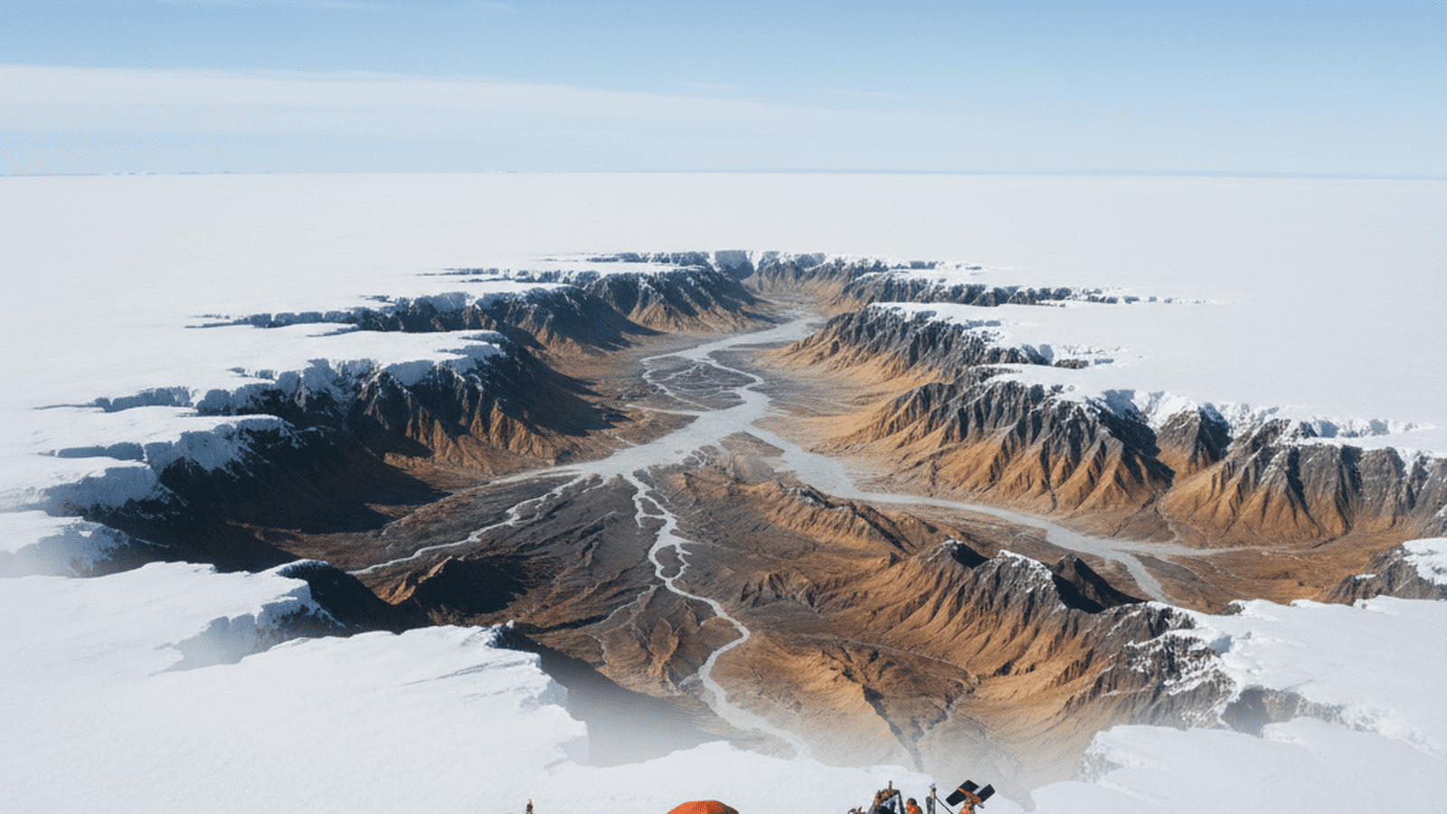 A scientific expedition on the Antarctic ice sheet with a digital overlay showing the hidden rocky landscape beneath the ice.