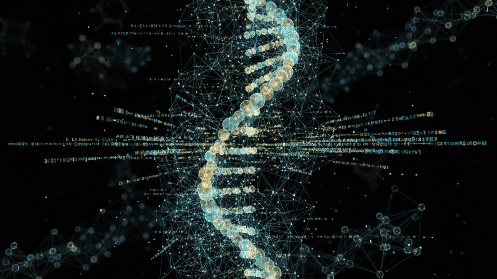 A digital representation of a DNA double helix being analyzed by an advanced artificial intelligence system with glowing data overlays.