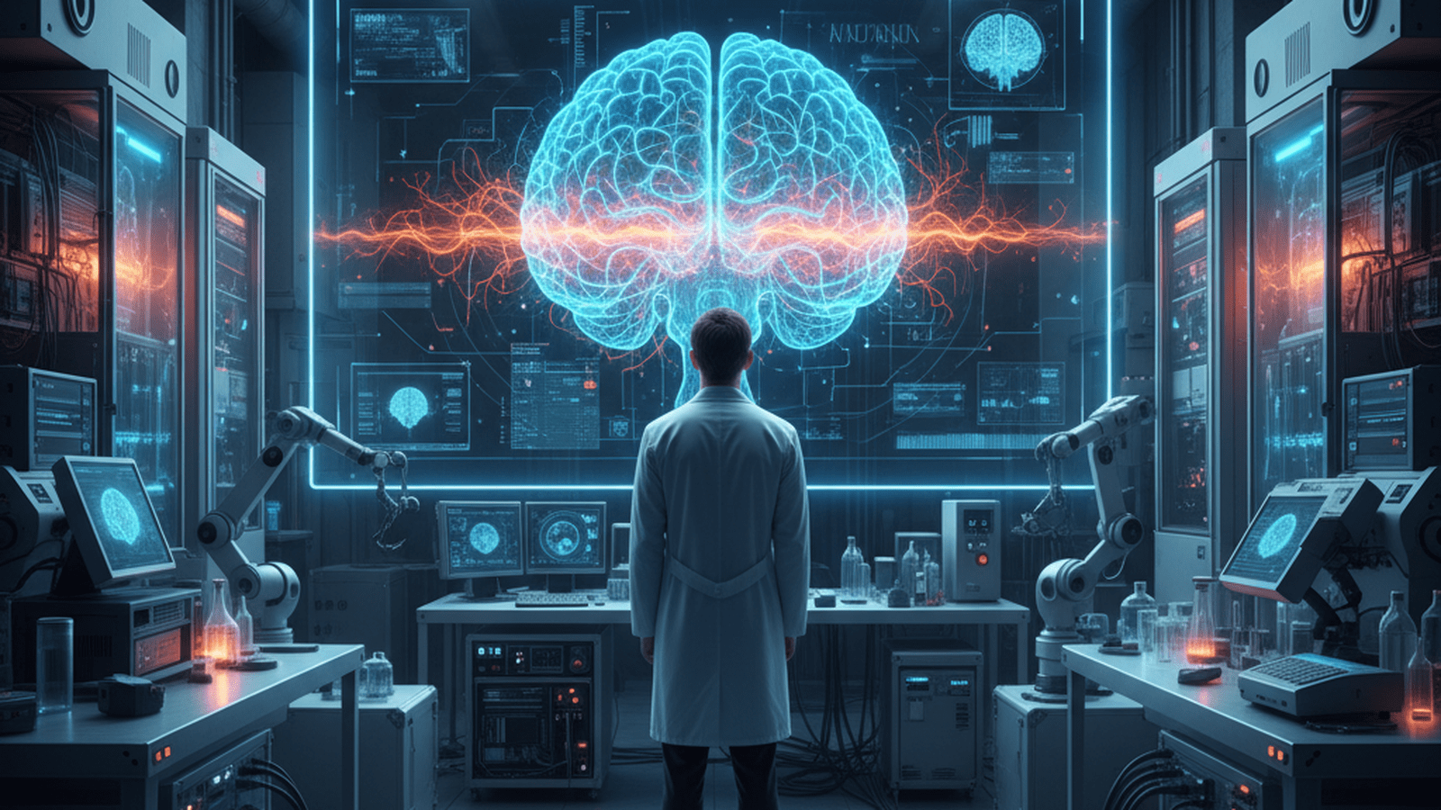 A scientist analyzes a 3D digital model of the human brain's memory center on a large computer screen in a modern laboratory.